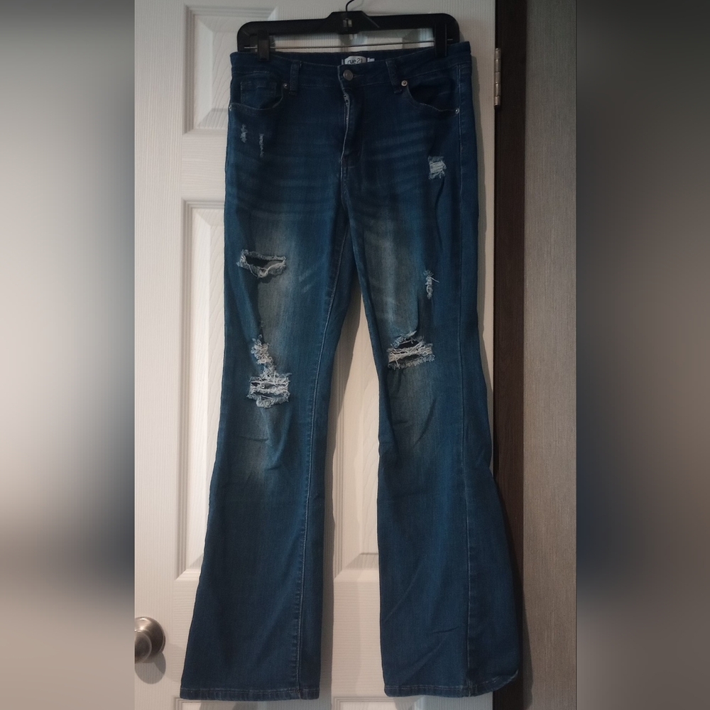 Rue21 Blue Flare Wide Leg Jeans Distressed